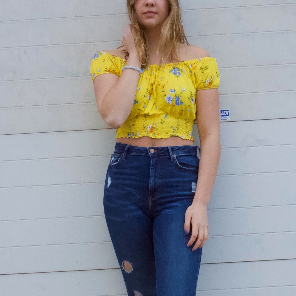 yellow floral semi off the shoulder top